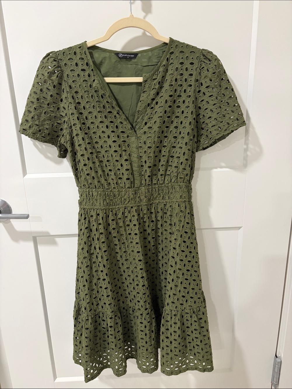 Olive Eyelet Short Sleeve V-Neck Dress